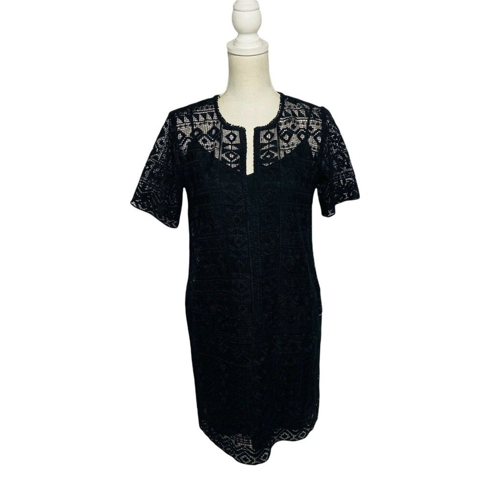 Club Monaco Women Size 4 Black Lace Lined V Neck Short Sleeve Shift Dress